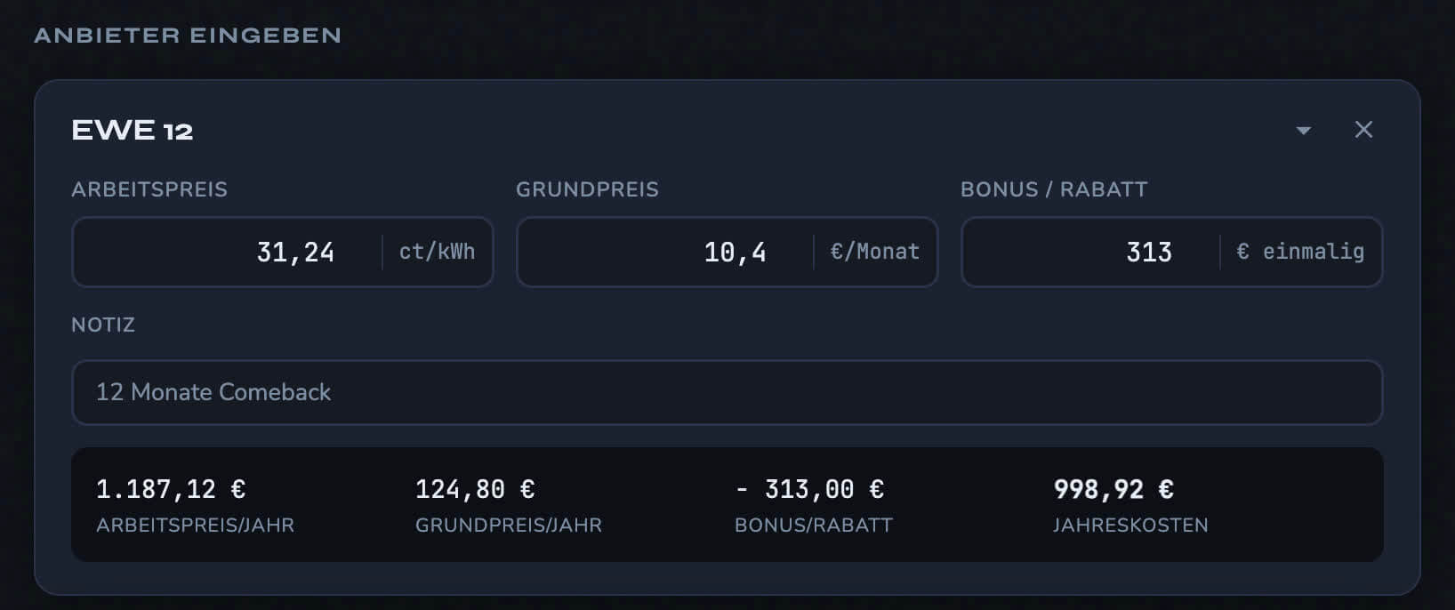 Eingabemaske des Strompreis-Vergleichsrechners