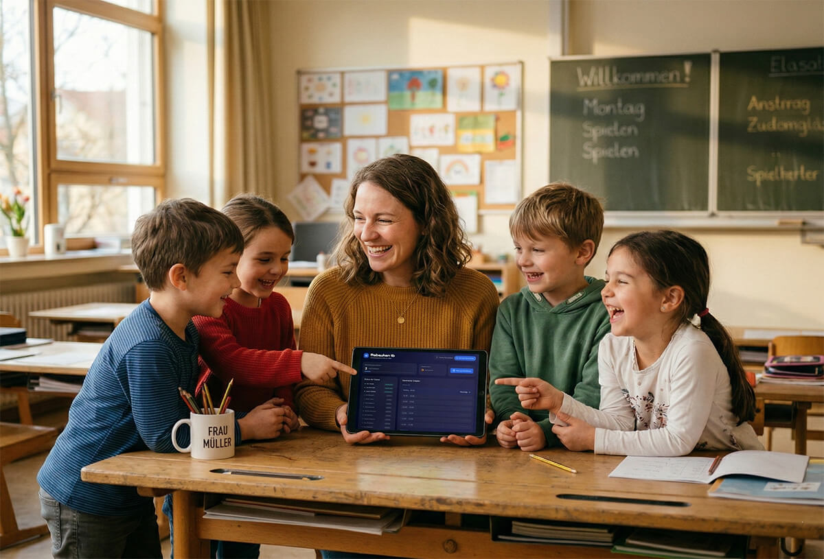 Terminzettel und Laptop nebeneinander auf einem Schreibtisch